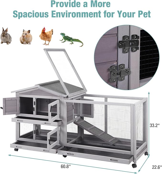 Indoor Rabbit Hutch with Pull-Out Tray, Weatherproof Rabbit Cage for Outdoor/Indoor Use, Bunny Hutch Chicken Coop with Run (Grey)