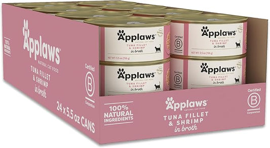 Applaws Natural Wet Cat Food in Broth, Limited and Natural Ingredients, High Protein with No Artificial Additives, Tuna Fillet & Shrimp in Broth (6 x 5.5oz Cans)