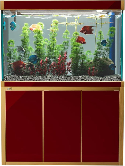 175 Gallon Aquarium Fish Tank with Upright Fishtank Stand Water Pump Freshwater Filter LED Bundle and Straight Corners Clear Glass - Red with Gold Trims