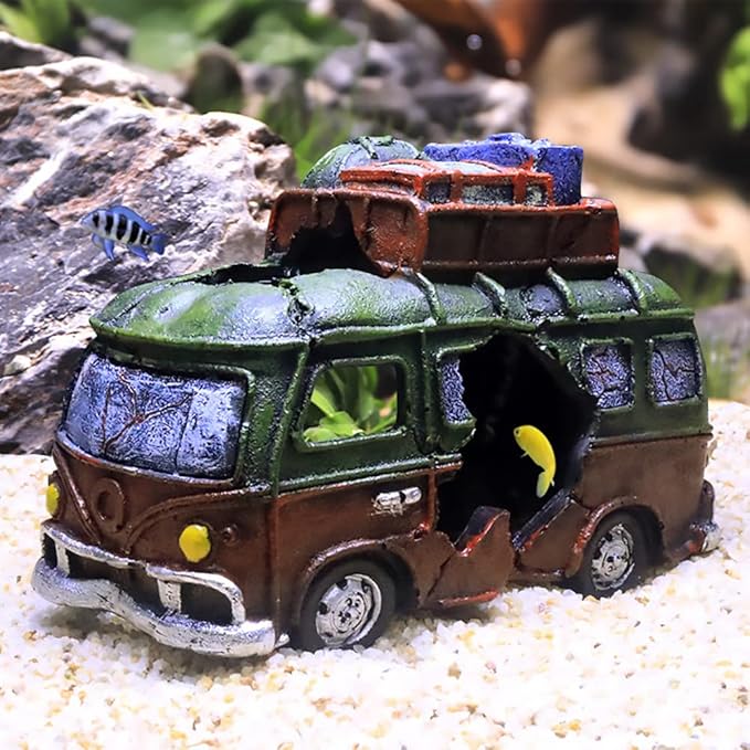 Aquarium Décor Thematic Ornaments - Resin Material Bus Car Fish Tank Decorations for Betta Hideout Caves…