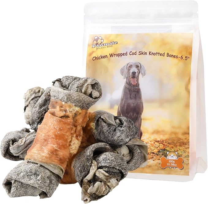 Dog Treats Chicken Wrapped Cod Skin Knotted Bones-6.5", All-Natural Healthy Fish Skin Dog Chew Treats for Medium Large Breeds, Rich in Omega-3 Protein, 4 Counts, 10.6 OZ