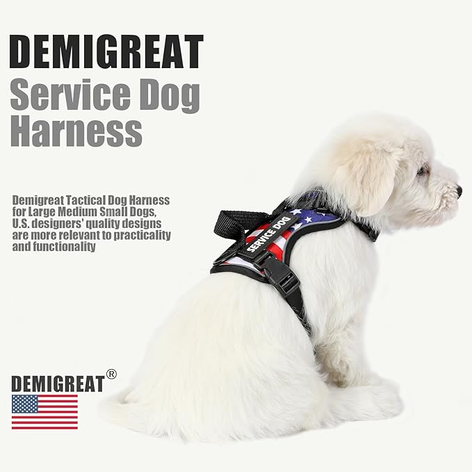 Demigreat Service Dog Harness, Reflective Dog Vest Harness with 5 PCS Patches, Adjustable Soft Oxford Pet Harness, Inner Layer Mesh, Easy to Control for Dogs (USFLAG, Small (Pack of 1))