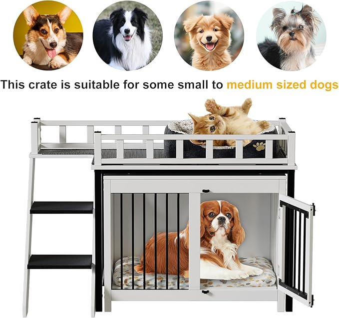 PakaLife Loft-Style Dog Crate Furniture with Double Doors, Heavy Duty Dog Kennel Indoor for Medium and Large Dogs, Wooden Pet House with Multi-Purpose Blanket and Fluffy Dog Bed
