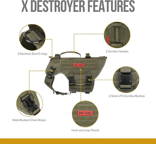 OneTigris Large Tactical Dog Harness, No Pulling Adjustable Dog Vest Harness, Heavy Duty X Destroyer Dog Harness with Handle, Large Hook and Loop Panels for Patch Green