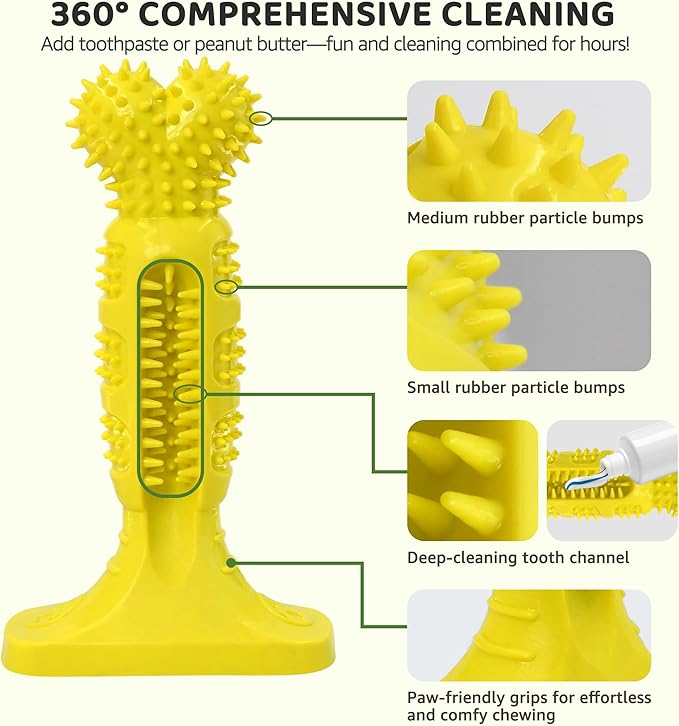 Dog Chew Toy for Teeth Cleaning, Natural Rubber Toothbrush Stick with 360° Bristles, Durable Dog Toys for Aggressive Chewers, Interactive Dental Toy for Medium and Large Dogs (Yellow)