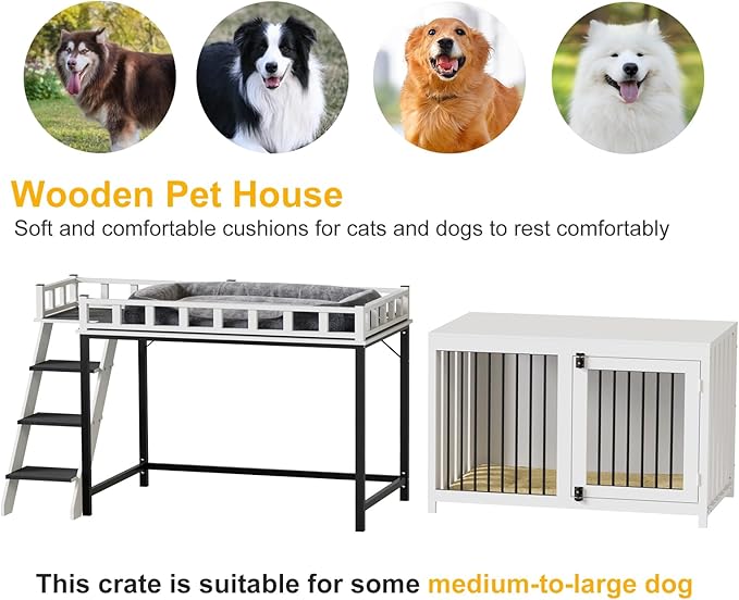 PakaLife Loft-Style Dog Crate Furniture with Double Doors, Heavy Duty Dog Kennel Indoor for Medium and Large Dogs, Wooden Pet House with Multi-Purpose Blanket and Fluffy Dog Bed