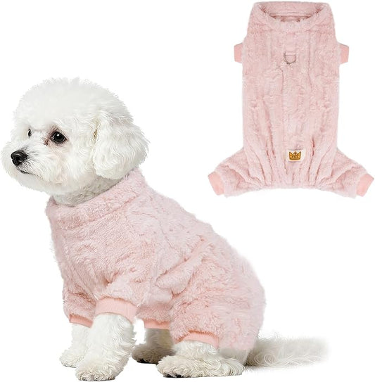 Plush Dog Pajamas for for Small Dogs Cats, Dog Sweater with Leash Ring Ultra Soft Warm Pet Clothes Puppy Onesie Outfits Doggy Pjs Jumpsuit for Winter Christmas (Pink, Small)