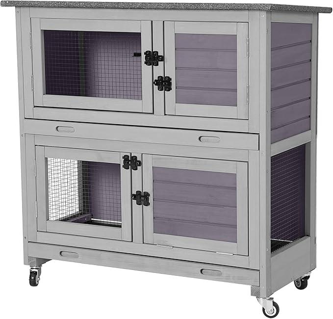 Aivituvin 36" Rabbit Hutch Bunny Cage Indoor Outdoor Guinea Pig Cage 2 Story Wth 2 Tray, Trap Door, Wheels