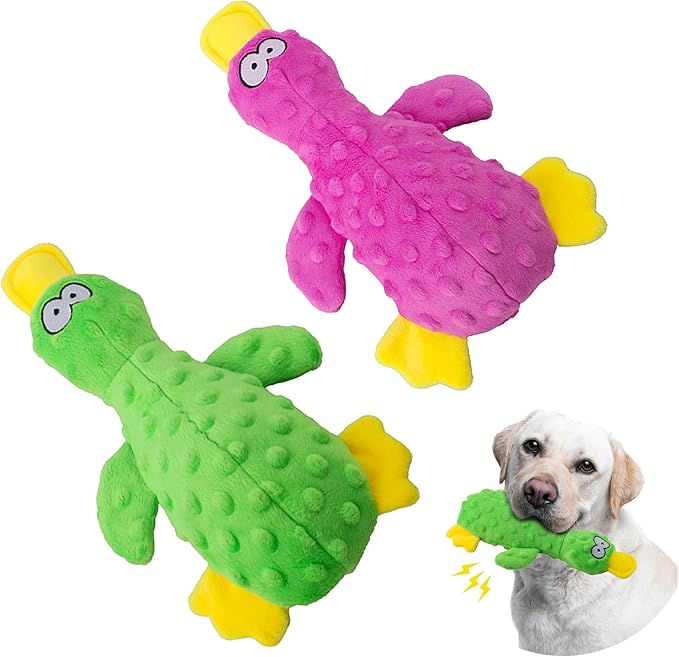 Dog Squeaky Toy Duck - 2 Packs, Durable Plush Toys for Large Dogs, Interactive Play, Sturdy, Soft, and Crinkly, Ideal for Small to Large Dogs (Purple & Green)