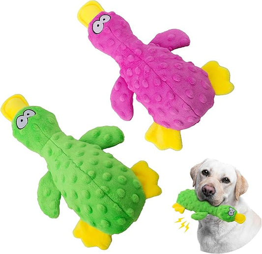 Dog Squeaky Toy Duck - 2 Packs, Durable Plush Toys for Large Dogs, Interactive Play, Sturdy, Soft, and Crinkly, Ideal for Small to Large Dogs (Purple & Green)