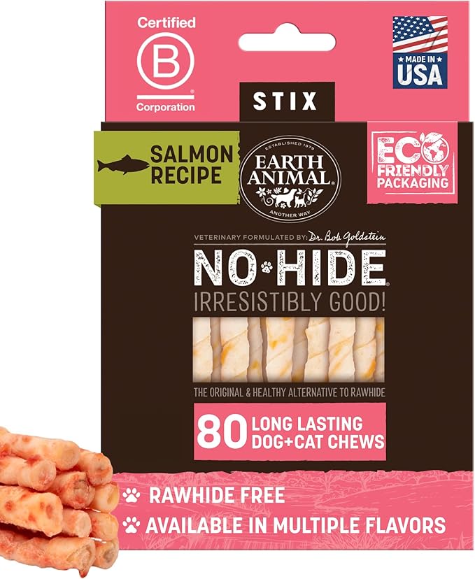 Earth Animal No-Hide Stix Salmon Recipe Natural Rawhide Alternative Dog & Cat Chews - 80 Count Extra Value Pack