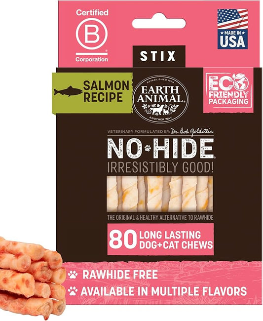 Earth Animal No-Hide Stix Salmon Recipe Natural Rawhide Alternative Dog & Cat Chews - 80 Count Extra Value Pack