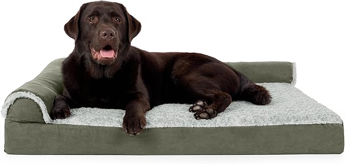 Furhaven Orthopedic Dog Bed for Large Dogs w/ Removable Bolsters & Washable Cover, For Dogs Up to 95 lbs - Two-Tone Plush Faux Fur & Suede L Shaped Chaise - Dark Sage, Jumbo/XL