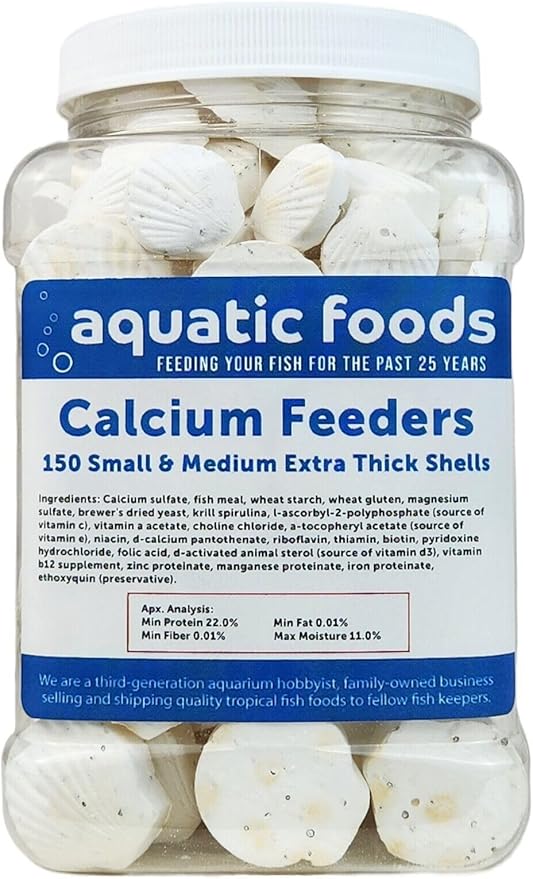 Aquatic Foods Inc. Calcium Feeder Small & Medium Shells. Extra Thick Shells for Shrimp, Snails, Crabs, Crayfish, Hermit Crabs and All Tropical Fish…150 Count Jar