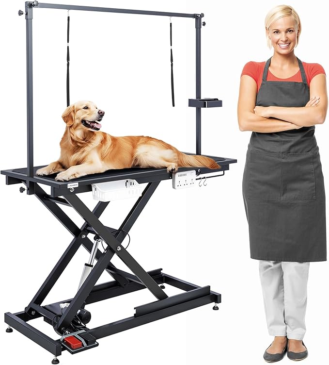 Electric Lift Pet Dog Grooming Table, 50Inch Height Adjustable Grooming Table for Large Dogs with Two Nooses, Wireless Remote, Tool Organizer, Black