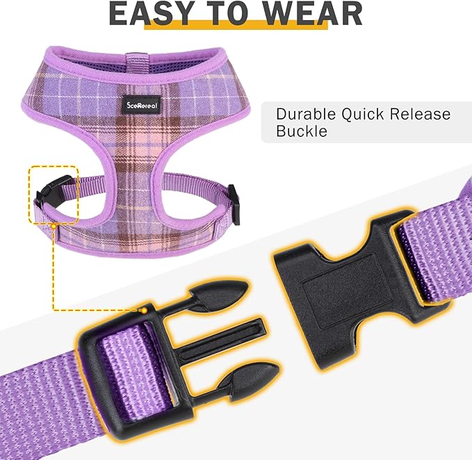 SCENEREAL Puppy Dog Harness with Leash Set for Small Medium Sized Dogs, Soft Mesh Step in Pet Harnesses and Leash, No Chock Plaid Adjustible No Pull Vest for Dogs Cats, Chihuahua,Bulldog (Purple M)