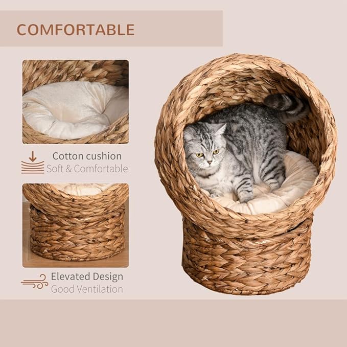 Merax Handwoven Wicker Cat Bed - Elevated Egg Chair Design with Soft Cushion & Stand, Raised Basket Bed for Indoor Cats, 23.5 Inch Height, Supports Up to 8 Lbs
