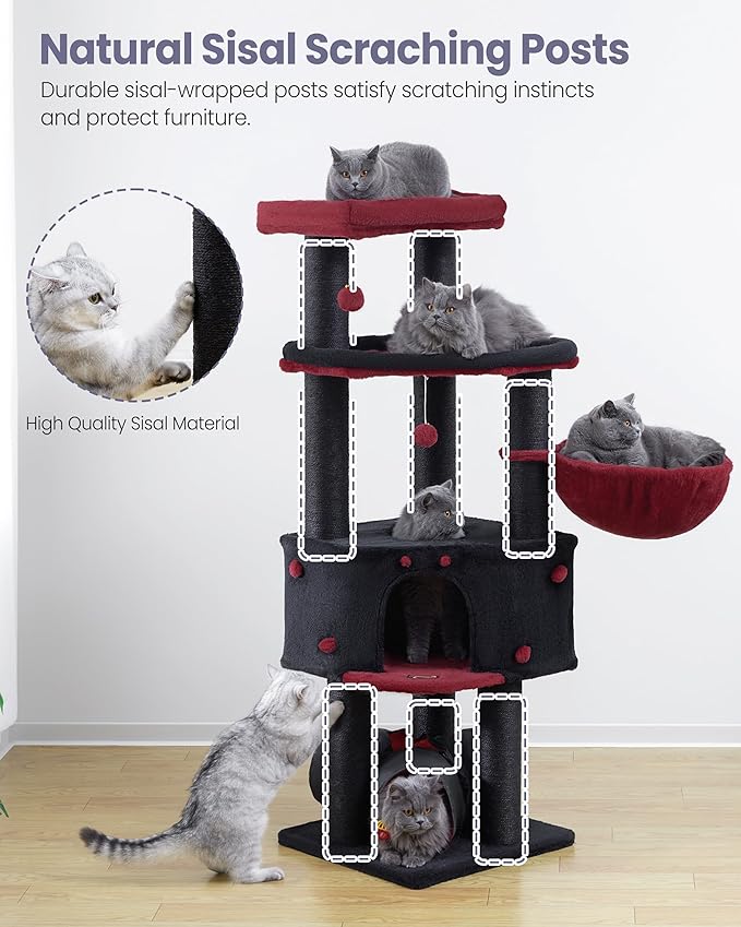 Cat Tree Tower for Indoor Cats Large Adult - Tall Kitty Condo House with Hammock Scratching Post Tunnel - 60 Inch Big Kitten Bed Condos Trees - Heavy Duty Kittens Houses Stand for Multiple Maine Coon