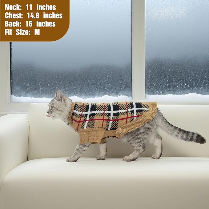 EXPAWLORER Cat Sweater Cardigan - Stylish Knit Cat Clothes, Plaid British Style Soft Puppy Sweater with Sleeve, Warm Pet Clothing Knitwear, Fall Winter Kitten Coat for Girl Boy Cats, Beige S