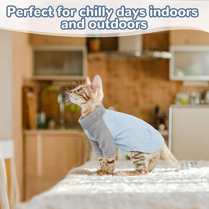 PUMYPOREITY Turtleneck Sweater for Sphynx Cat, Soft Coral Fleece Cat Clothes, Thick Winter Warm Outfit Coat with Sleeves, XL, Blue