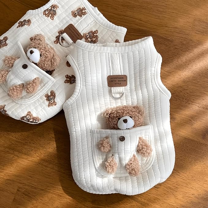 Cute Pet Apparel Plush Bear Pattern Cartoon Dog Clothes All Season Sleeveless Puppy Kitten Pullover Soft Skin-Friendly (White1, M (4.4-7.7lbs))