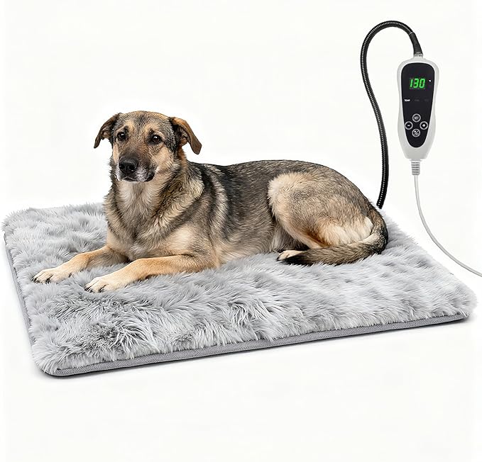 Dog Heating Pad, 32×20 in Heated Dog House, Upgraded Always-On Smart Thermostat Metal Protective Tube with a Plush Fabric Cover Puppy Whelping Supplies- Grey