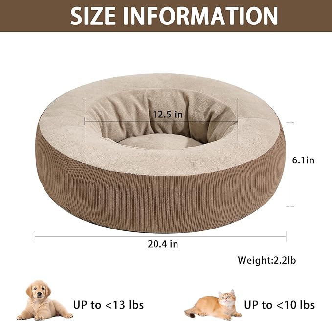 Calming Cat Bed with Anti-Slip Bottom, Washable Removable Round Cozy Pet Bed for Indoor Cats, Small Dogs, Kittens & Puppies 20”x20”x6”