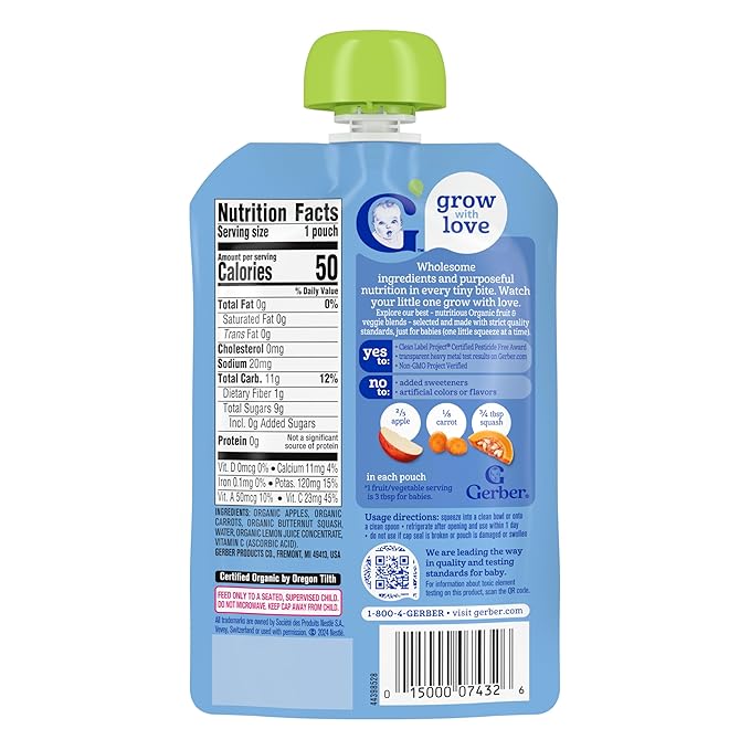 Gerber Stage 2 Baby Food, Organic Apple Carrot Squash Puree Pouch, 2 Servings of Fruit & Veggie, No Added Sweetener, No Artificial Colors or Flavors, 12-Pack