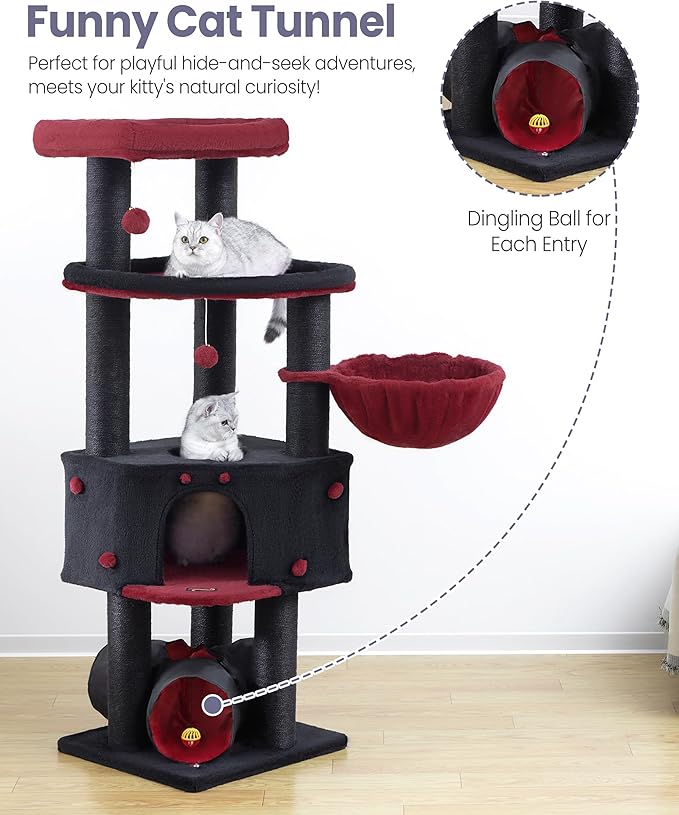 Cat Tree Tower for Indoor Cats Large Adult - Tall Kitty Condo House with Hammock Scratching Post Tunnel - 60 Inch Big Kitten Bed Condos Trees - Heavy Duty Kittens Houses Stand for Multiple Maine Coon