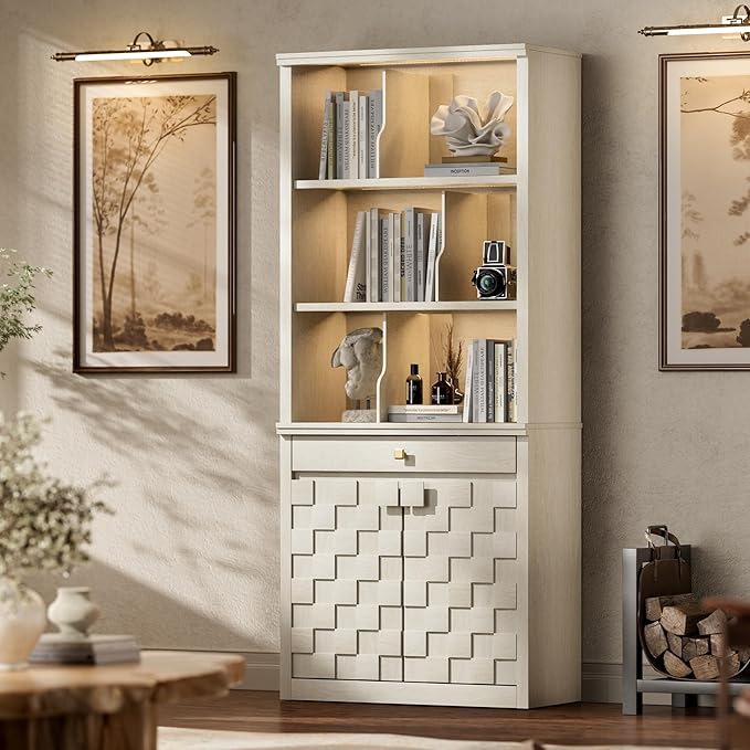 Fluted Bookcase with LED Light Set of 2, 72.2" Tall Standing Bookshelf with Drawer and Doors, Modern Storage Book Case Suite with 6-Tier Open Shelves for Office, Living Room, Bedroom (2, White Oak)