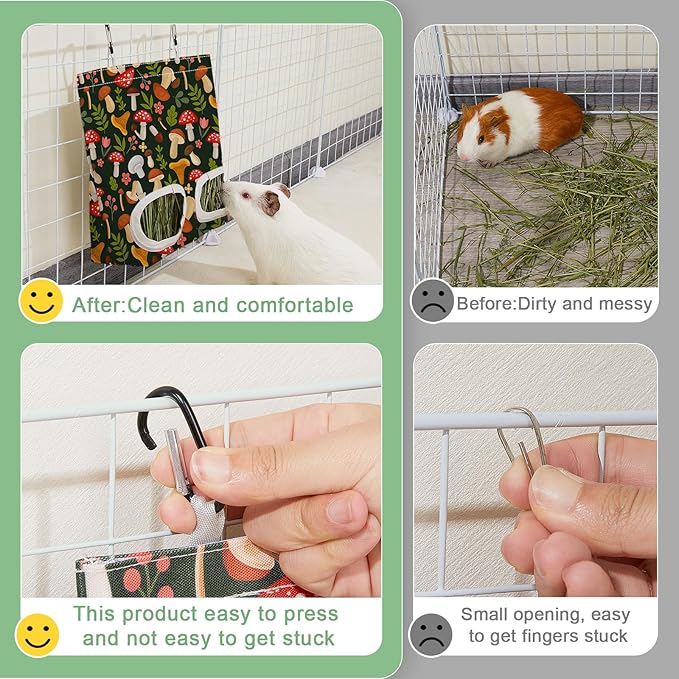 Glittme 3 Pack Guinea Pig Hay Feeder, 11.5x9 Inch Hay Bag for Rabbits, Hanging Hay Holder for Guinea Pigs Cage Hay Feeder for Bunny, Small Pets,Green Mushroom