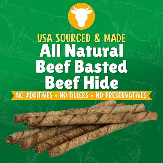 Beef Basted Rawhide Twist Sticks Dog Treats – 60ct. Premium Rawhide Chew Sticks – Long Lasting Beef Flavored Chews for Small Dogs Made in USA with Natural Beefhide