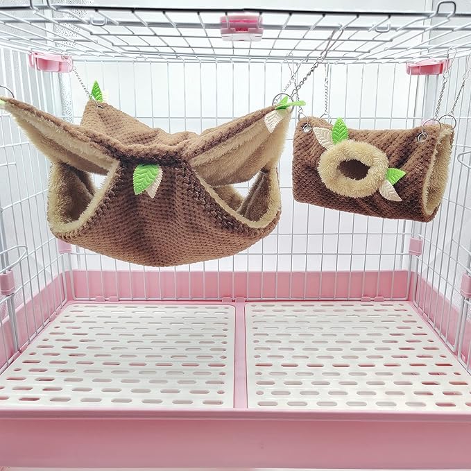 Small Animal Hammock, Hamster Hanging Bunkbed Hammock & Tunnel Warm Bed House Cage Nest Cage Hanging Tunnel and Hammock for Sugar Glider Squirrel Hamster Parrot Mice Chinchilla Flying Squirrel Rat