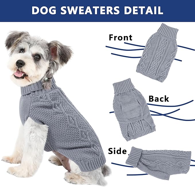Dog Sweaters Small Dog Clothes Winter Turtleneck Puppy Sweater Warm Pet Cat Sweater Doggy Pullover Outfit with Twisted Design XS~XL(Grey, Medium)