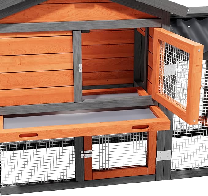 Chicken Run Coop,Wooden Duck Coop Outdoor 2-Tier Hen House All Weather Used Poultry Quail Cage Rabbit Hutch Pet Hideout with Ramp for Small Medium Animals-Expandable Design (Brown)