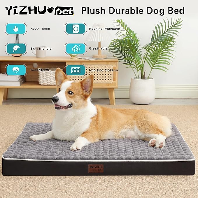 Dog Bed, Waterproof Orthopedic Dog Beds for Large/Medium/Small Dogs, Dog Crate Pad with Removable Washable Pet Mat Cover, Non-Slip Bottom (M(30''x20''x3''), Grey Side)