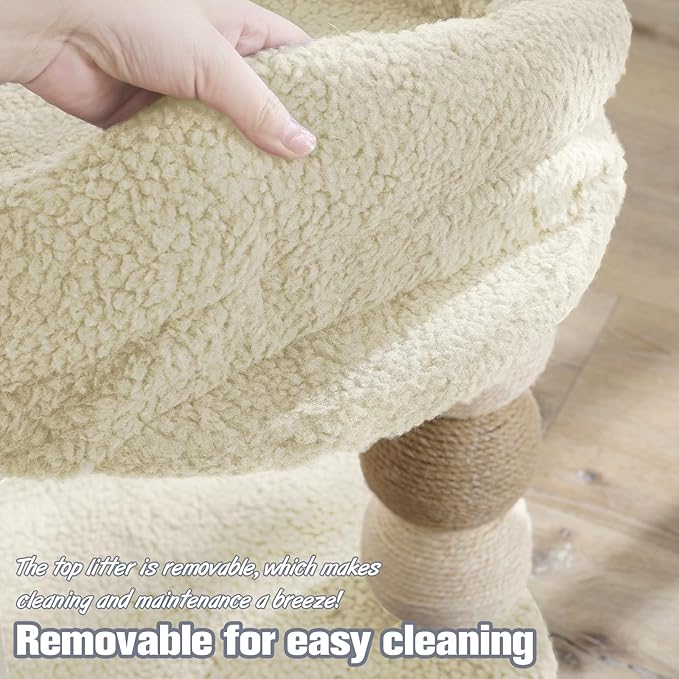 YOCAN Small Cat Tree Tower Indoor with Large Cozy Plush Top Perch, Natural Sisal Scratching Posts, Interactive Dangling Ball Great for Kittens and Cats (White)
