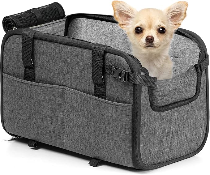 YUDODO Center Console Dog Car Seat, Anti-Slip Pet Cat Booster Seat for Small Dogs, Portable Puppy Bed Carseat Carrier PU Leather Gray