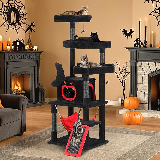 YITAHOME Gothic Cat Tree with Coffin Bed, 63" Tall Cat Tower for Indoor Cats with Top Perch, Spacious Cat Condos, Spider Hanging Balls,Comfy Hammock, Scratching Post and Ladder, Black Halloween