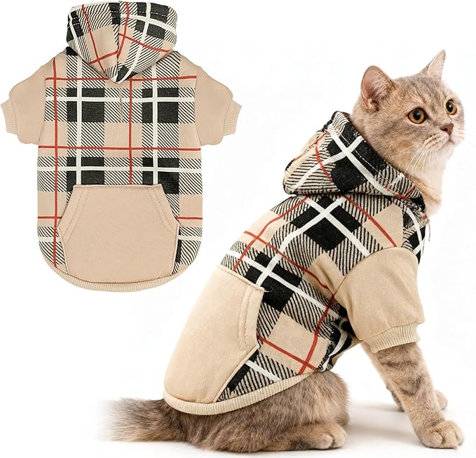 EXPAWLORER Plaid Cat Hoodie - British Style Warm Cat Sweater Shirt with Leash Hole,Pet Clothes Outfits,Winter Coat Apparel for Puppy Cats Girl Boy-Kitten Apparel,Beige L