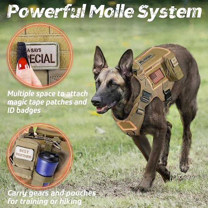 rabbitgoo Tactical Dog Harness Medium Sized, Heavy Duty Pet Harness with Handle, No-Pull Service Vest Medium Breed, Adjustable Military Dog Vest for Training Hunting Walking, Brown, M