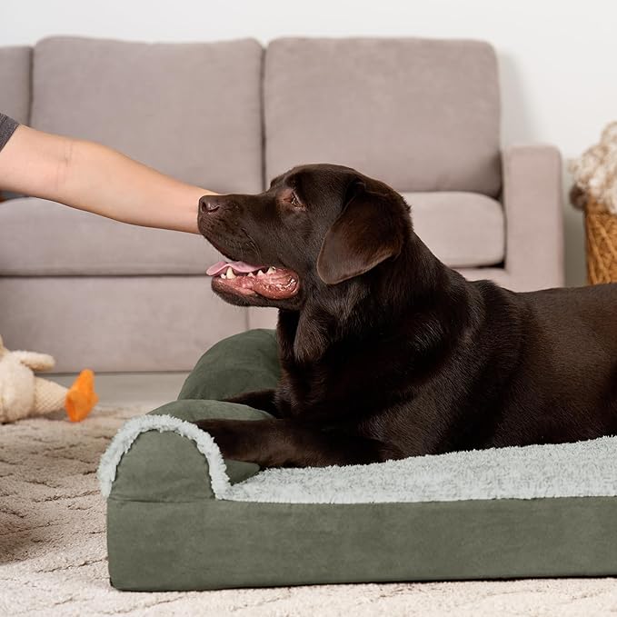 Furhaven Orthopedic Dog Bed for Large Dogs w/ Removable Bolsters & Washable Cover, For Dogs Up to 95 lbs - Two-Tone Plush Faux Fur & Suede L Shaped Chaise - Dark Sage, Jumbo/XL
