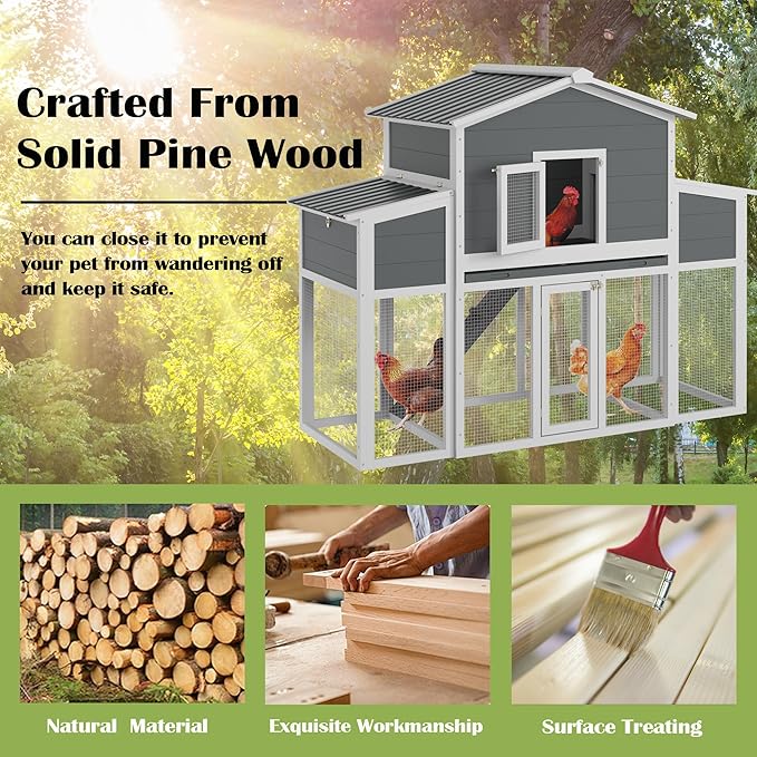 Wooden Chicken Coop for 2-6 Chickens, Outdoor Chicken House with Run & 2 Nest Boxes, Outside Hen House Poultry House Pet Hutch Chicken Cage with Waterproof Roof & Ramp, (66''LX32''WX53''H)