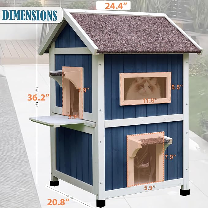 Rockever Outdoor Cat House, 2 Story Outdoor Houses for Feral Cats Wooden Outside Cat Shelter Weatherproof with Escape Door