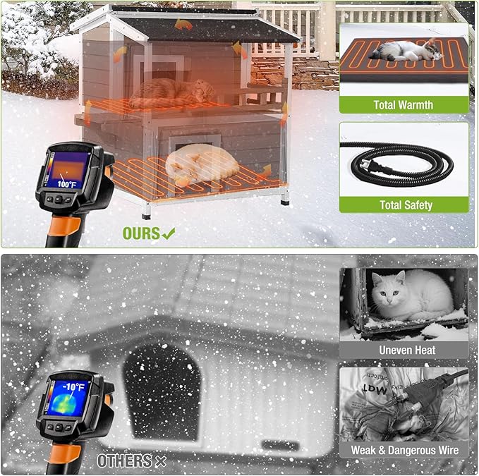 GUTINNEEN Heated Cat House for Outside, 2-Story Wooden Cat House Weatherproof for Winter Outdoor Feral Cat Shelter with Heater and Insulated Liner, Brown