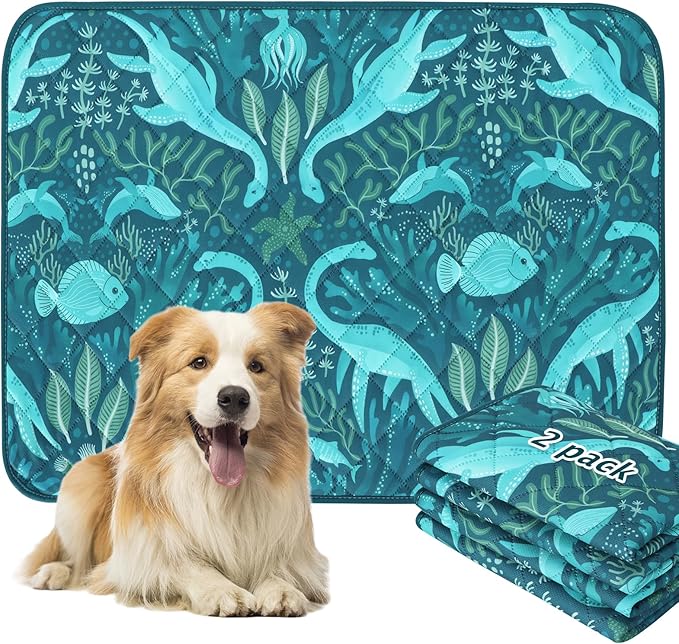 BVAGSS Washable Pee Pads for Dogs, 2 Pack Reusable Leakproof Puppy Wee Wee, Non-Slip Waterproof Pet Training, Super Absorbent Whelping XH081 (Dino Green, 41X41 Inch)
