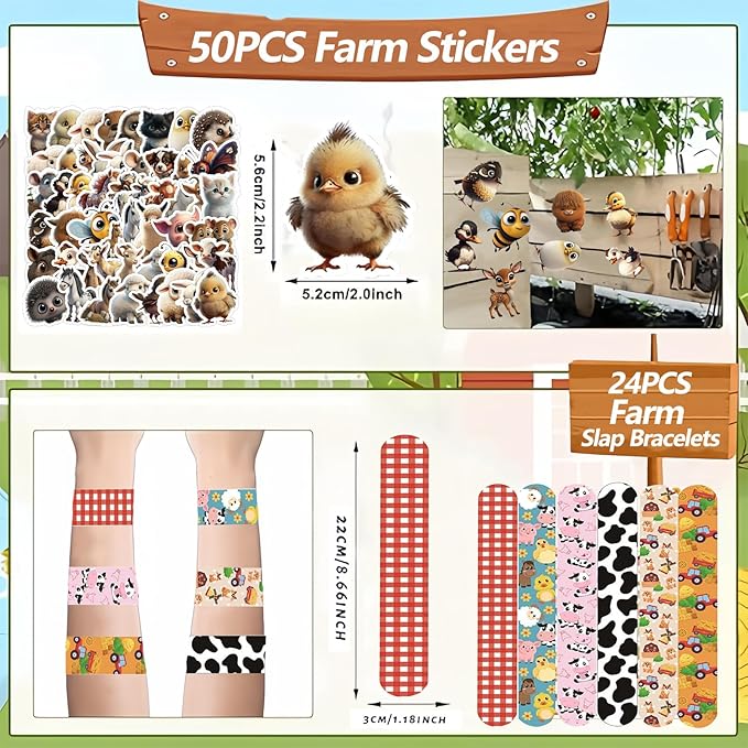 74PCS Farm Animals Party Favor 50PCS Barnyard Party Stickers&24PCS Slap Bracelets Farm Animals Birthday Supplies Team Gift Fillers School Classroom games Rewards Supplies