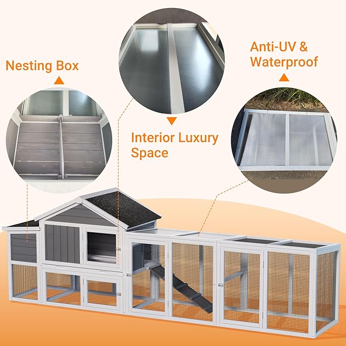 113.5" Gray Large Wooden Chicken Coop with Run – Outdoor Hen House for 2-4 Chickens, Waterproof & UV-Resistant Roof, Nesting Box with Hinged Lid, Sliding Door, Removable Tray, Secure & Easy-Clean