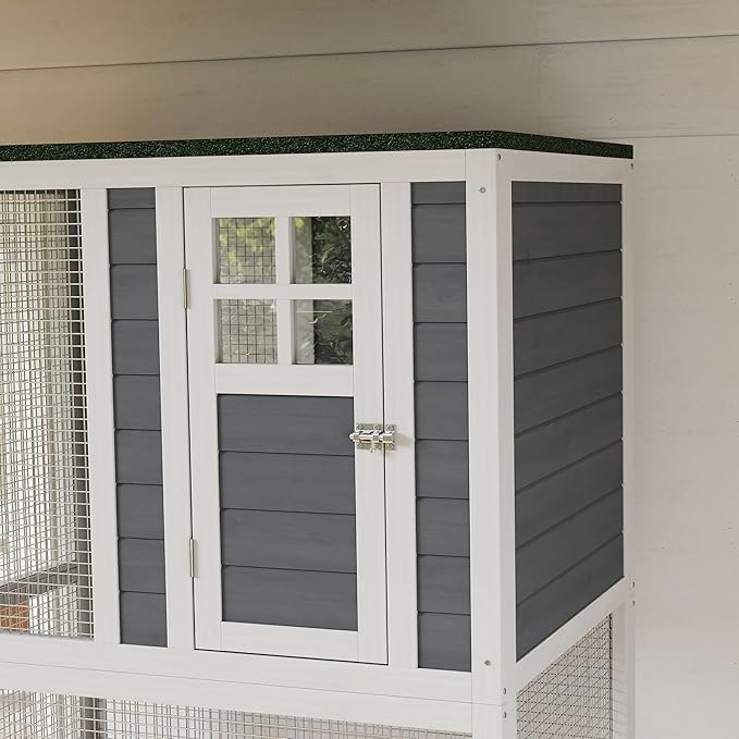 PawHut 74" Wooden Catio Outdoor Cat Enclosure Weatherproof & Wheeled, Outside Cat House with High Weight Capacity, Kitten Cage Condo, White