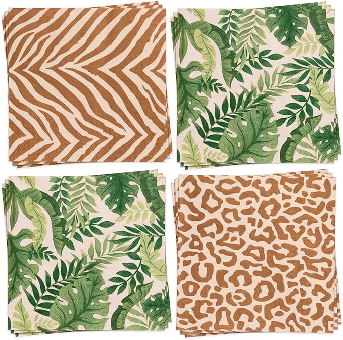 xo, Fetti Animal Print Safari Napkins - 3-ply, 24 pcs | Jungle Cocktail Napkins, Zoo Dinner Party Setting, Kids Wild Birthday Decoration, Rainforest Tablescape